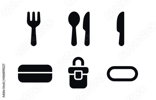 vector solid black filled icons reusable utensils (steel set): steel fork steel spoon steel knife carry case clip latch elastic.