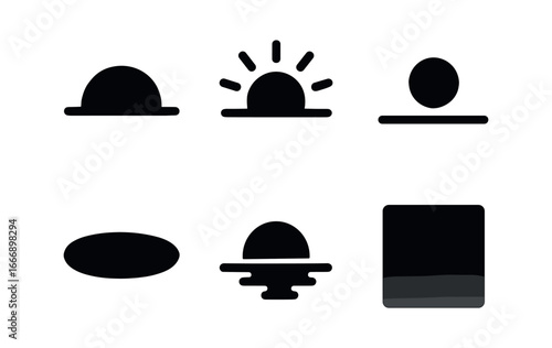 vector solid black filled icons waning season (diminishing light): sun arc fading rays horizon dot shadow smear highlight rim sky gradient.
