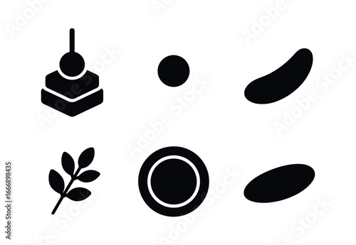 vector solid black filled icons tasting menu (small bites): canapé icons toothpick dot sauce smear garnish sprig plate rim shadow smear.