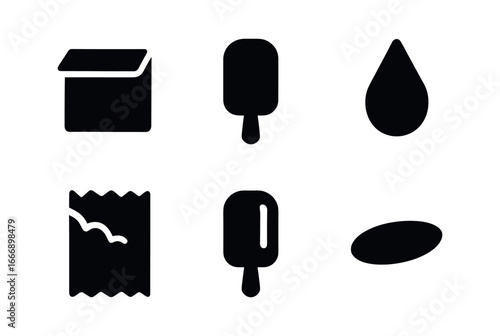 vector solid black filled icons ice cream delivery (novelty bar box): box flap bar icon drip streak wrapper tear highlight rim shadow smear.