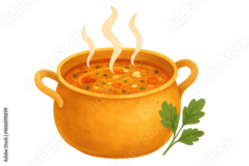 Steaming hot vegetable soup in a pot with parsley garnish on transparent background