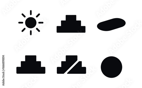 vector solid black filled icons stepwell (sunlit terrace): sun beam step tiers shadow smear highlight rim light stripe ground dot.