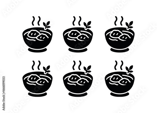 vector solid black filled icons hot soup bowl (dumpling soup): dumpling icons broth swirls bowl rim garnish sprig shadow smear light rim.