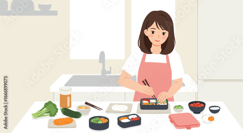 A person meticulously preparing a healthy Bento box lunch with various fresh ingredients on a clean kitchen counter, depicted in a bright 2D flat illustration.