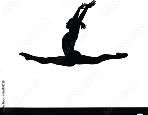 Female gymnast performing split leap on balance beam, silhouette, gymnastics pose, athletic motion, strength, flexibility, training, competition, balance, performance
