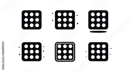 vector solid black filled icons baking tray with cookies (dough balls): dough spheres tray outline flour dust shadow smear light rim texture specks.