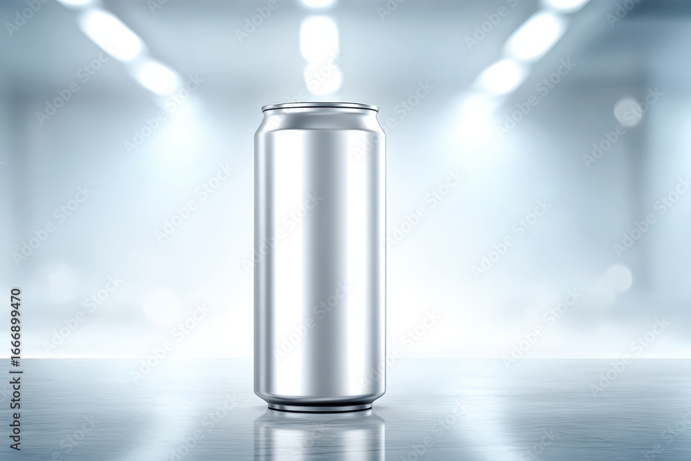 Sleek blank silver aluminum beverage can mockup on a reflective surface. Sleek blank silver aluminum beverage can mockup on a reflective surface.