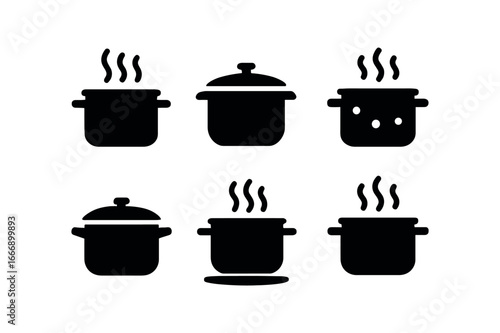 vector solid black filled icons cooking pot (slow cook): light pot outline simmer dots handle lines shadow smear mist haze.