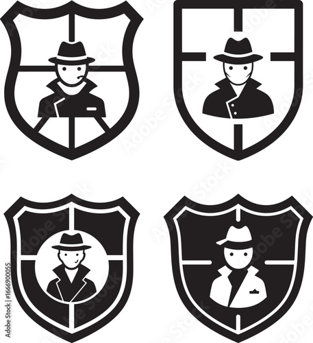 Four shield emblems with detective silhouette icons