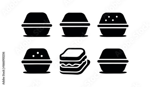 vector solid black filled icons sandwich to (plastic clamshell): clamshell shape hinge line sandwich icon condensation dot shadow smear light rim.