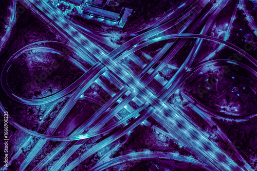 Expressway, Self-driving autonomous electric cars of the future with elements move along a busy traffic intersection. Artificial Intelligence, Car Scan, GPS Tracking, Smart Roads, IoT, highway