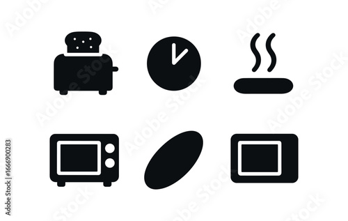 vector solid black filled icons microwave reheating (pop tart): toaster style item timer display line microwave door shadow smear light rim.