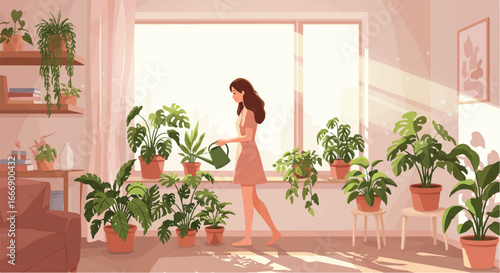 Young woman diligently waters her vibrant indoor potted plants bathed in bright sunlight from a large window in a serene, minimalist home interior, depicted in a clean 2D flat vector style.
