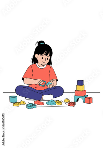 Young girl playing with colorful clay and shapes, creative childhood fun and imagination