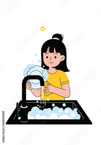 Young woman happily washing dishes in kitchen, clean home lifestyle concept, daily chores