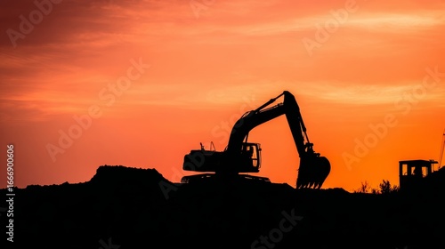 Wallpaper Mural Excavator silhouette against vibrant sunset sky with warm ambient lighting, construction site in soft focus, industrial development concept Torontodigital.ca
