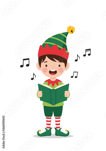 Festive Christmas elf singing carols from a book with musical notes, joyful celebration