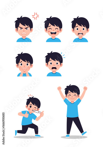 Diverse emotions of a young boy, from anger to joy, for education and healthcare uses