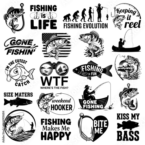 Fishing Bundle Svg. Fishing vector graphic set with quotes, fish silhouettes, and anglers, perfect for t-shirts, logos, and outdoor-themed designs.