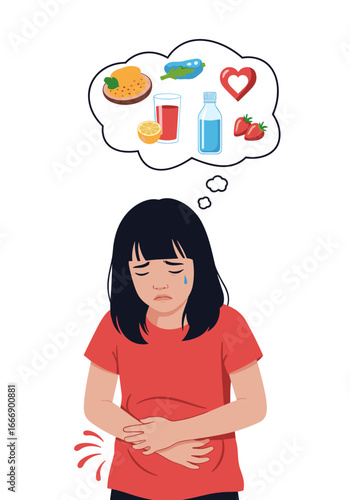 Child with stomach ache dreaming of healthy food and well-being, medical concept