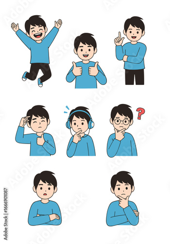 Young man expressing various emotions like joy, confusion, and ideas with cartoon illustrations