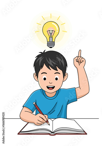 Brilliant young student with a bright idea writing in notebook, perfect for educational concepts