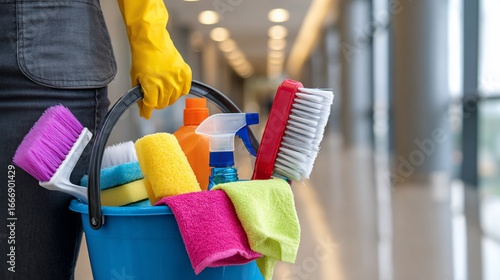 Wallpaper Mural Cleaner carries cleaning tools, hallway background; for hygiene and commercial cleaning services Torontodigital.ca