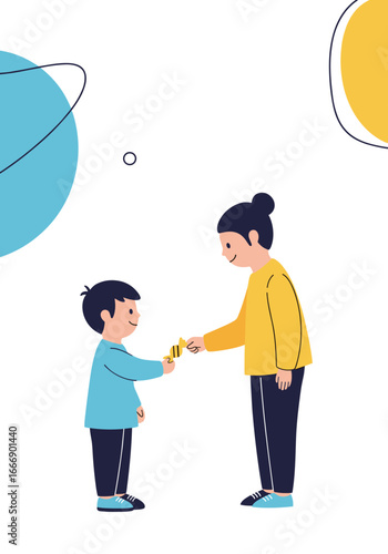 Sweet moment of sharing as mother gives candy to son in a happy and loving exchange of affection