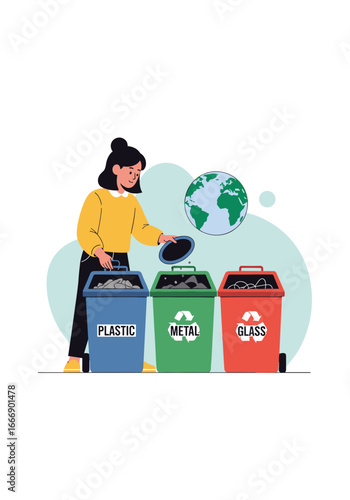 Eco conscious woman sorting waste into recycle bins for plastic metal and glass for a sustainable future