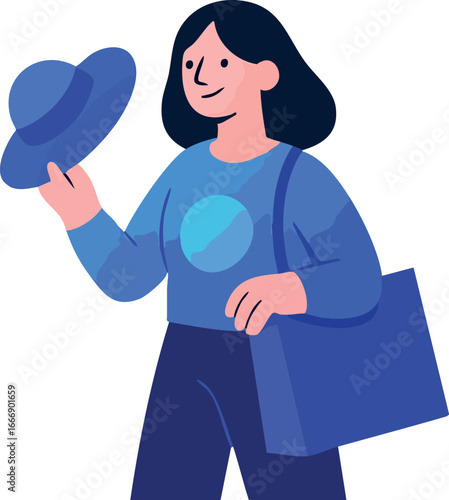 A stylized illustration of a woman holding a blue hat in one hand and a shopping bag in the other, dressed in a blue outfit and smiling.