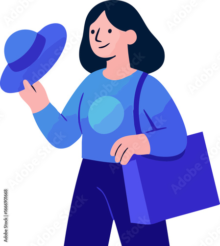A stylized illustration of a woman holding a blue hat in one hand and a shopping bag in the other, dressed in a blue outfit and smiling.