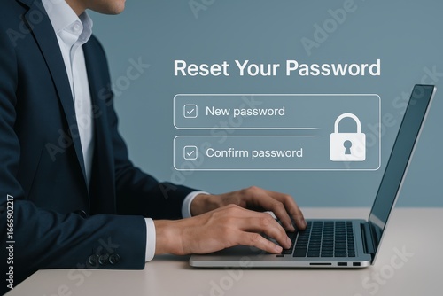 Password Reset: A person using a laptop to reset the password, representing cyber security and data protection. The scene evokes themes of privacy and internet safety.