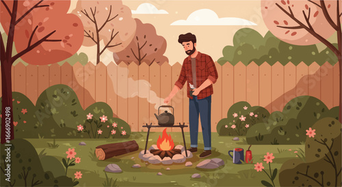 Flat vector illustration of a man preparing campfire coffee in a peaceful backyard garden, showing a cozy outdoor scene as he brews a fresh cup over a small fire.