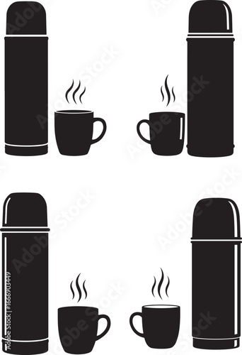 Four black silhouettes of thermoses and steaming cups of coffee