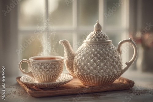 Wallpaper Mural Cozy morning tea with steaming cup and elegant teapot on a wooden tray. Torontodigital.ca