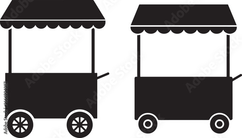 Two identical food cart silhouettes with awnings and wheels