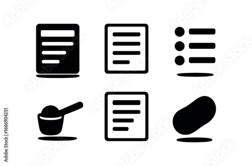 vector solid black filled icons nutrition label (ingredient list): ingredient bar text lines checkbox dots serving scoop label border shadow smear.