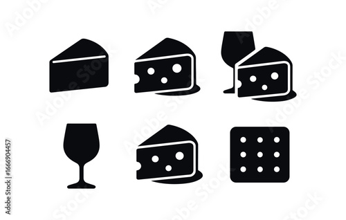 vector solid black filled icons wine and cheese pairing (cheese wedge): wedge outline rind line hole dots shadow smear light rim cracker icon.