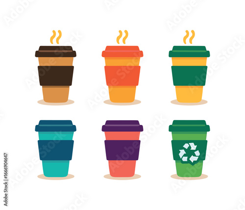 vector colorful filled icons coffee to cup (reusable cup): cup shape silicone sleeve lid seam shadow smear plume recycle icon.