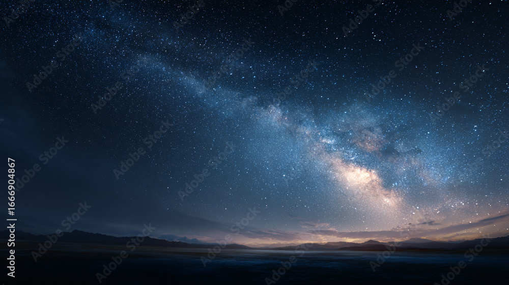 Naklejka premium The Milky Way galaxy sweeping across the dark sky, casting its cosmic glow over the peaceful horizon, creating an awe-inspiring scene.