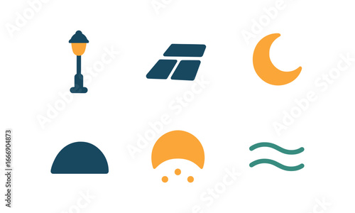 vector colorful filled icons late night walk (streetlamp glow): lamp pavement outline moon arc shadow light halo mist haze.