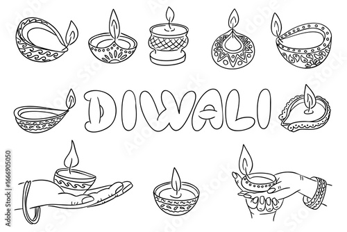 Diwali lamps and decorative diya elements with hands holding candles in traditional style, black and white outline vector. This image represents the Diwali celebration and Indian culture concept