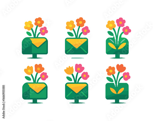 vector colorful filled icons surprise flowers (mailbox bloom): mailbox icon flower stems envelope flap shadow smear glow rim leaf dot.