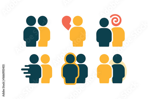 vector colorful filled icons jealousy in relationship (shadow figure): silhouette pair one in shadow heart gap tension swirl shadow smear glow rim.