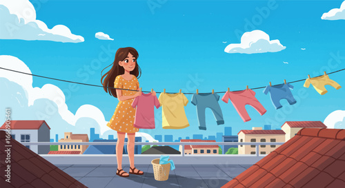 A young woman is hanging laundry on a clothesline on a sunny urban rooftop, with vibrant garments swaying under a clear blue sky, in a charming flat vector illustration.