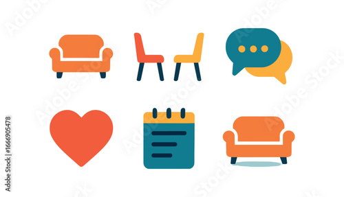 vector colorful filled icons couples therapy (couch session): couch outline two chairs speech bubbles heart icon notepad shadow.