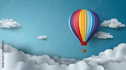 A colorful paper cut style hot air balloon floats in the sky above fluffy clouds. Perfect for projects about travel, dreams and freedom, children's projects, animation and advertising.