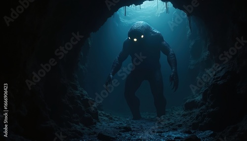 Gigantic monstrous creature lurks in abyssal cave darkness. Mysterious, terrifying entity with glowing eyes stands on cave floor. Underwater abyss setting with shadowy, ominous atmosphere. Features