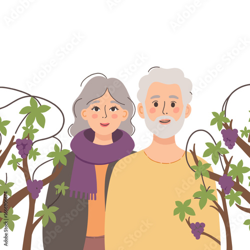 Elderly couple in vineyard. Seniors enjoying countryside together. Romantic walk through grapevines. Retired couple in wine country. Elderly set
