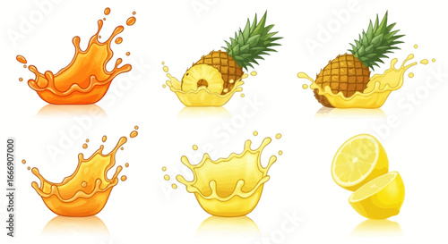 A vibrant collection of fruit juice splashes, featuring pineapples and lemons, evoking freshness and tropical flavors.